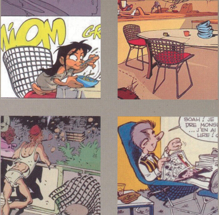 Exemples de mise en scène des sièges du designer Harry Bertoia dans des planches de bandes dessinées Nävis, de Morvan, Buchet et Munuera Célestin Speculoos de Bodar<br/>