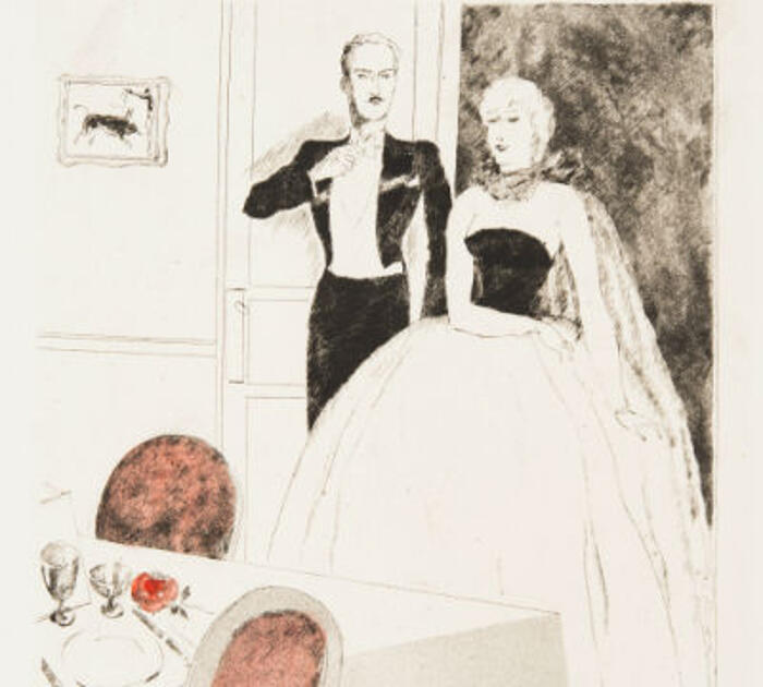 Détail du menu du 5e dîner des Compagnons de la Belle Table au restaurant de l'Horloge à Paris, le 18 février 1948, dessin original de Zig Brunner<br/> &copy;  madd Bordeaux - L. Gauthier