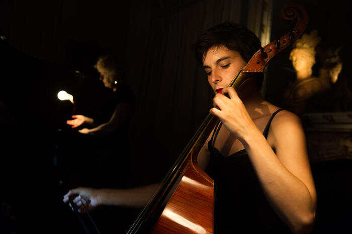 Juliette Guignard jouant de la viole de gambe dans le salon de compagnie du musée<br/> &copy; Pierre Planchenault