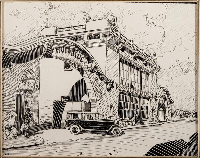 Cyprien Alfred Duprat, Entrée des usines Motobloc, crayon et encre de Chine sur papier, 1929 - Collection particulière<br/> &copy;  Mairie de Bordeaux – L. Gauthier